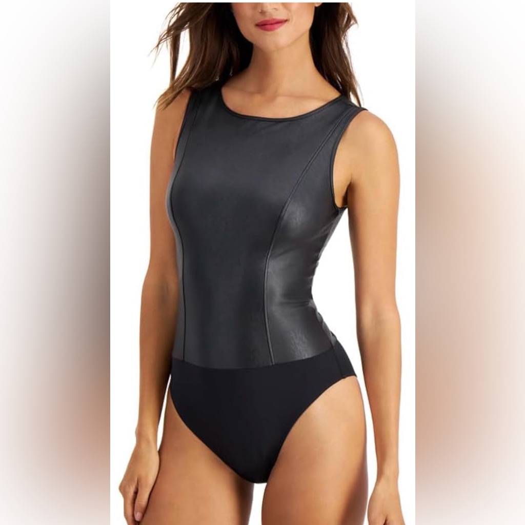 INC International Concepts  Black Faux Leather Bodysuit Brand New